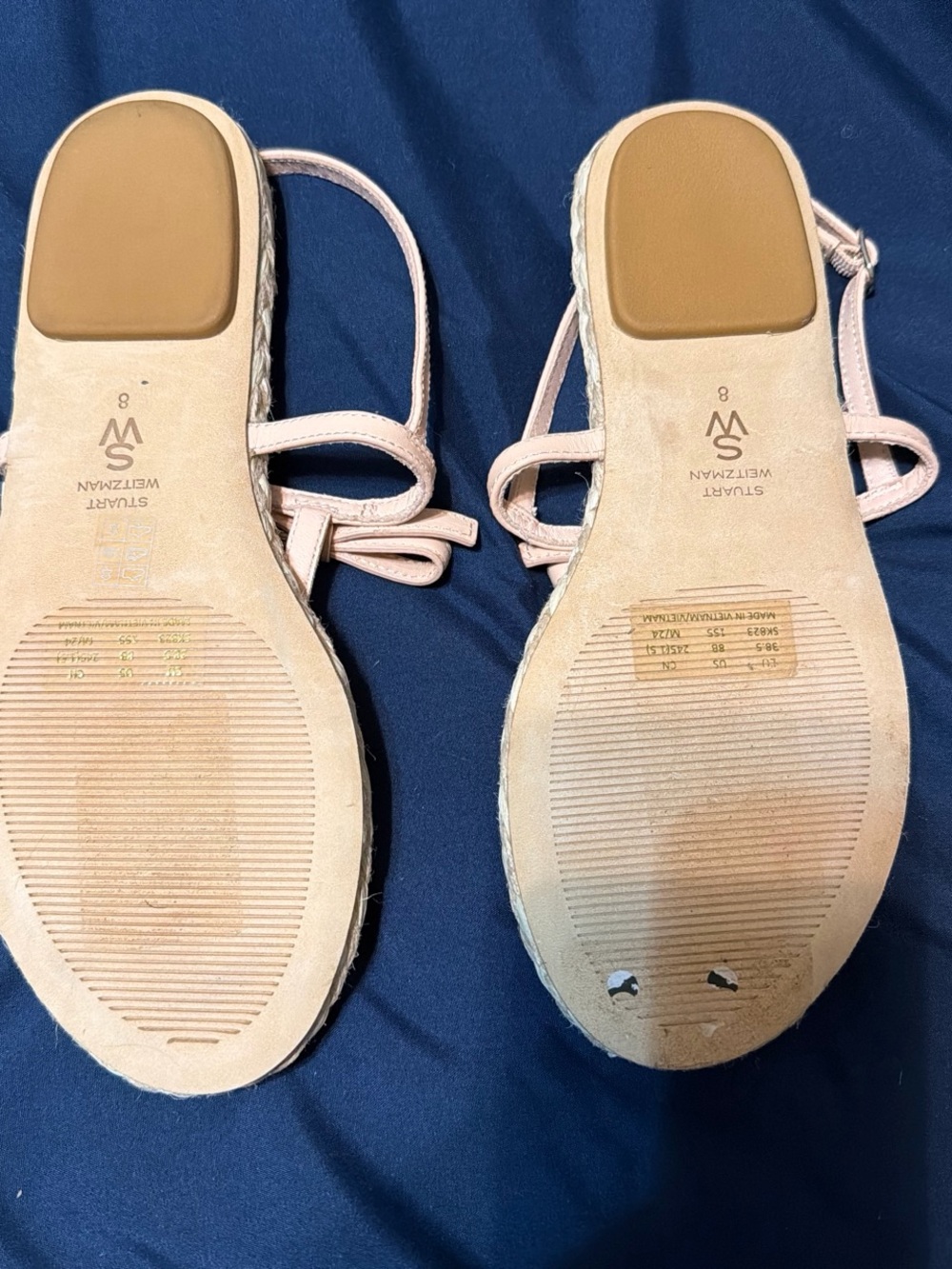 Stuart Weitzman Blush Pink Leather Espadrille T-strap Sandals - Picture 2 of 2